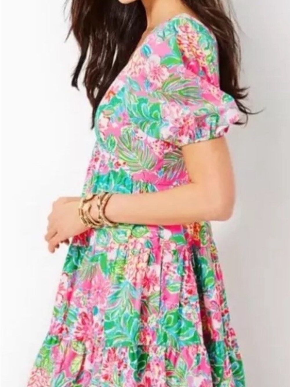 Lilly Pulitzer Pink Green Floral V-Neck Tiered Mini Dress - Picture 3 of 15